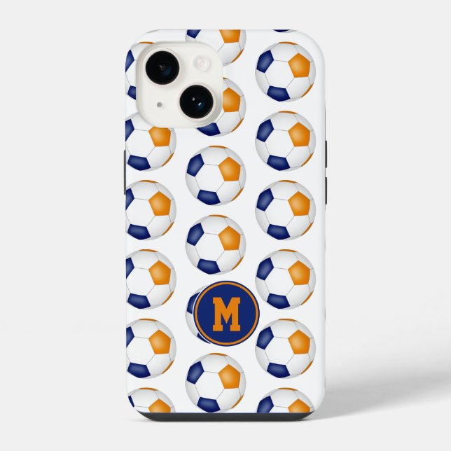 blue orange soccer balls pattern monogrammed iphone case (Back)