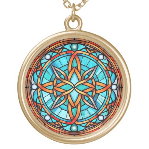 Blue Orange Stained Glass Celtic Knot Gold Plated Necklace