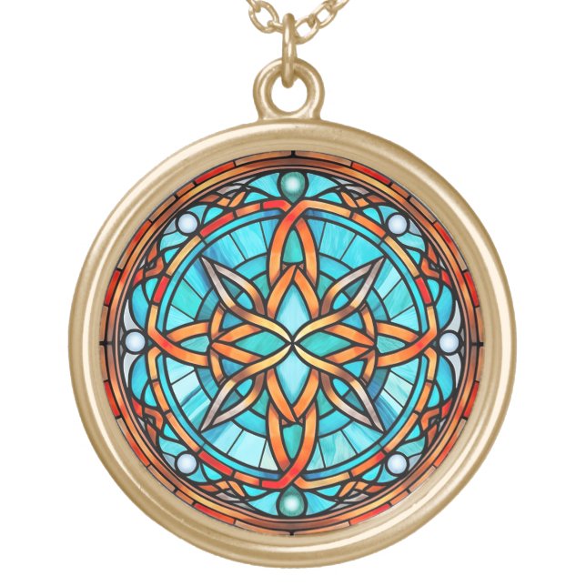 Blue Orange Stained Glass Celtic Knot Gold Plated Necklace (Front)