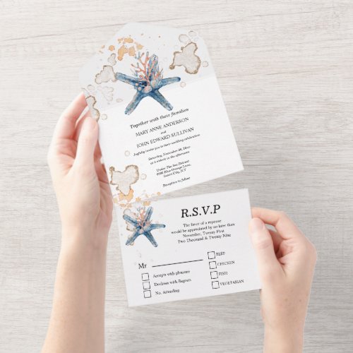 Blue orange starfish coral watercolor ocean all in one invitation