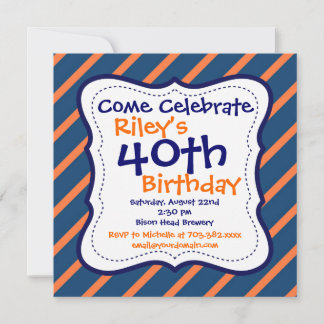 Blue Orange Stripes 40th Birthday Party Invitation