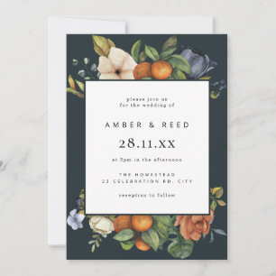 Blue Orange Summer Floral Botanical Boho Wedding Invitation
