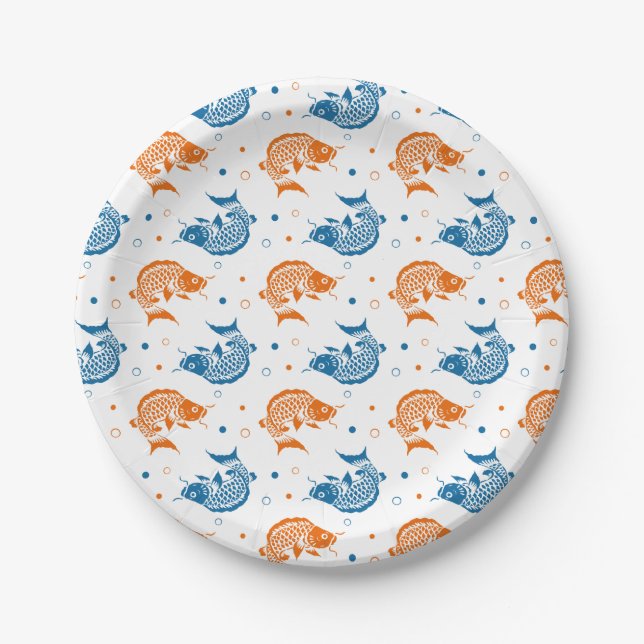 Blue Orange Summer Japanese Koi Fish Paper Plates (Front)