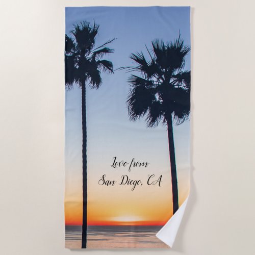 Blue  Orange Sunset Palm Trees Silhouette Beach Towel