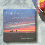 Blue Orange Sunset Photo A Single Dream Quote Stone Coaster<br><div class="desc">“A single dream is more powerful than a thousand realities.” Make your dreams come true at the end of each day. Relax with your favorite beverage when you use this inspirational photography coaster of a stunning sunset of bright reds, oranges, and deep blues. A great gift for a special friend!...</div>