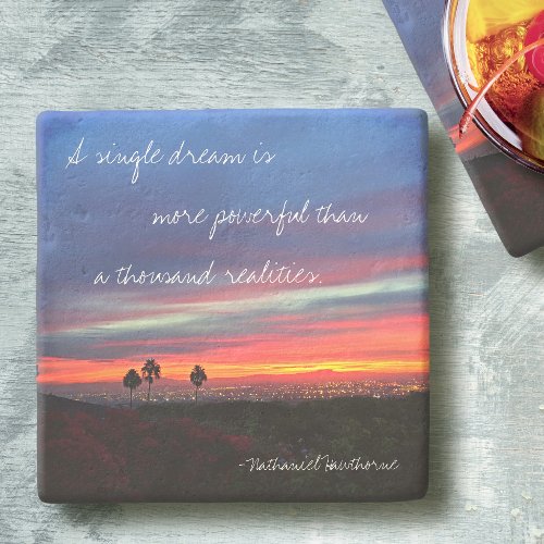 Blue Orange Sunset Photo A Single Dream Quote Stone Coaster