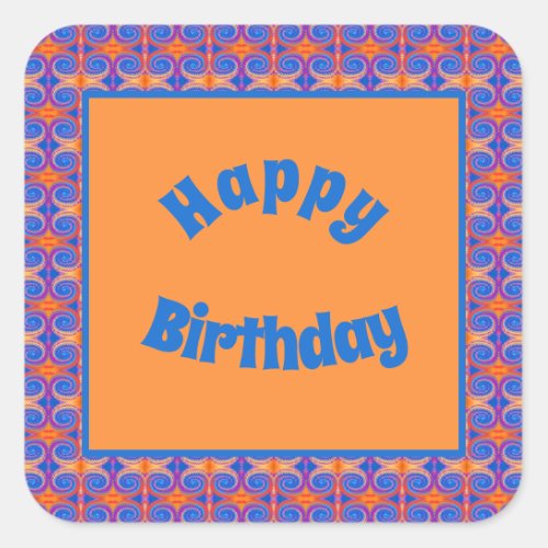 Blue Orange Swirl Pattern Happy Birthday Square Sticker