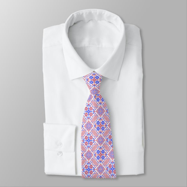 Blue & Orange Tatreez Henna Thobe Pattern Neck Tie (Tied)