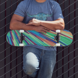 Blue Orange Teal Abstract Geometric Feathers Skateboard