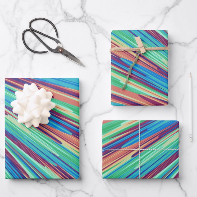 Blue Orange Teal Abstract Geometric Feathers Wrapping Paper Sheets (Front)