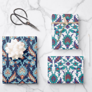 Blue Orange Teal Red White Oriental Floral Pattern Wrapping Paper Sheets