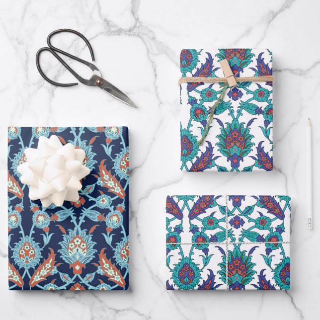Blue Orange Teal Red White Oriental Floral Pattern Wrapping Paper Sheets (Front)