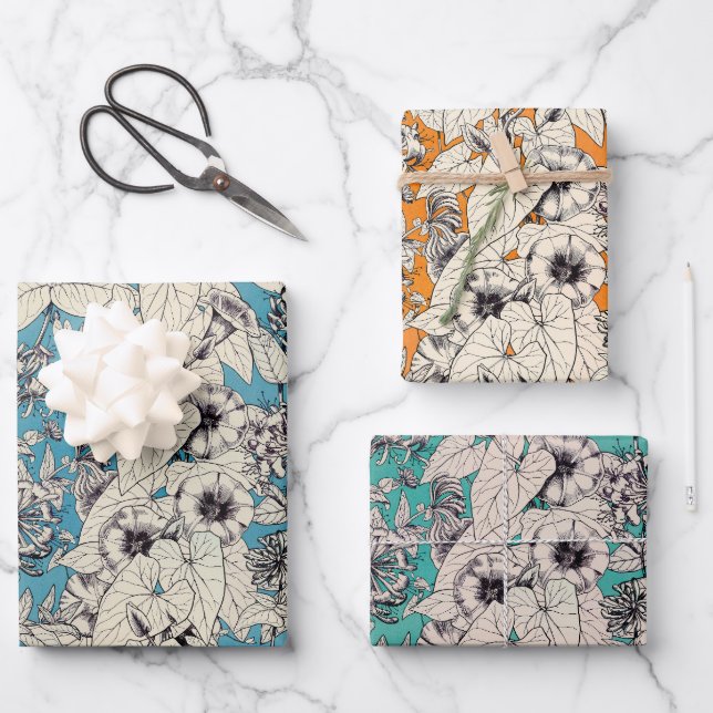 Blue Orange Teal White Graphic Flowers Pattern Wrapping Paper Sheets (Front)