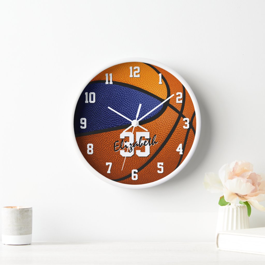 blue orange team colors basketball personalized round clock