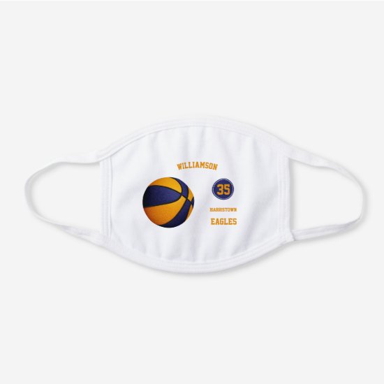 blue orange team colors basketball player name white cotton face mask