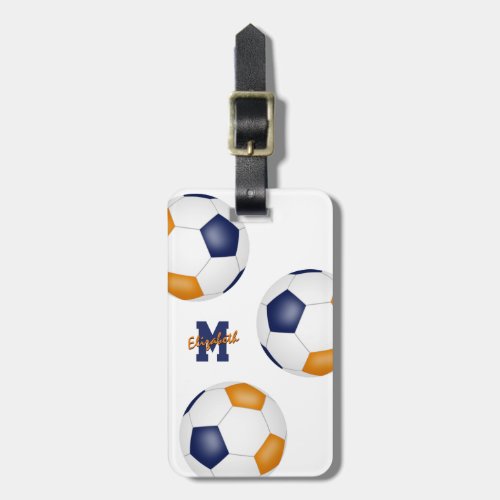 blue orange team colors girls boys soccer luggage tag