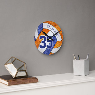blue orange team colors girl's volleyball room round clock