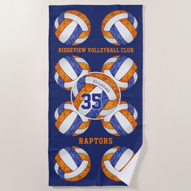 blue orange team colors name girly volleyballs  beach towel (Front)