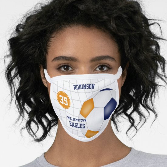 blue orange team colors name jersey number soccer face mask
