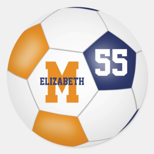 blue orange team colors soccer ball personalized classic round sticker