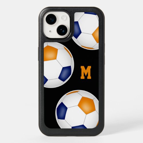 blue orange team colors soccer balls monogrammed OtterBox iPhone 14 case