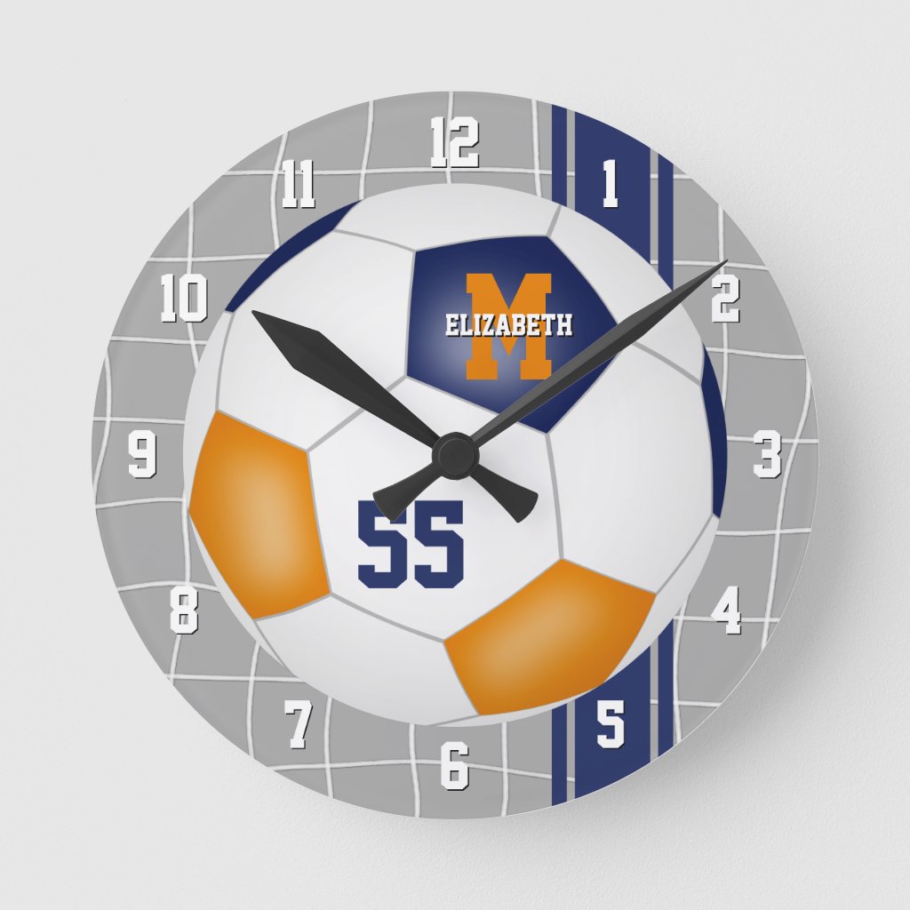 blue orange team colors varsity stripes soccer round clock