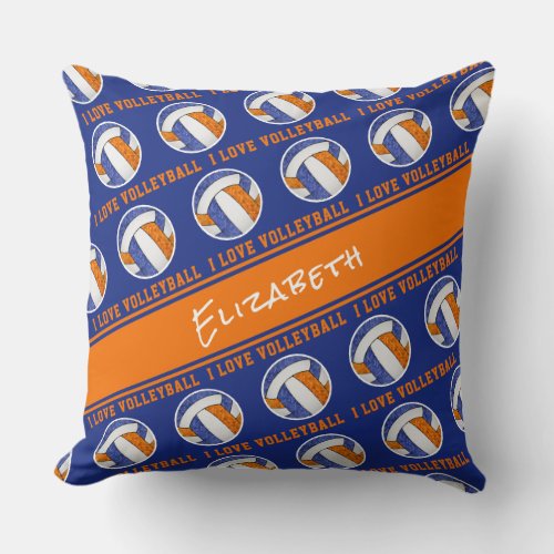 blue orange team spirit girls I love volleyball Throw Pillow