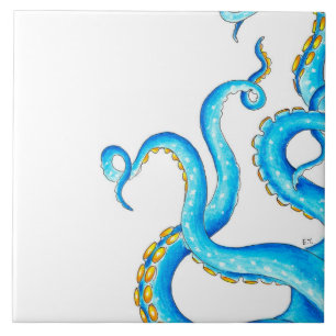 Blue Orange Tentacles Ink Ceramic Tile