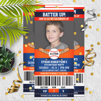Blue|Orange Ticket Style Baseball Birthday Party Invitation