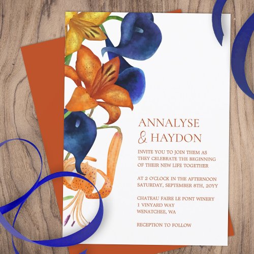 Blue  Orange Tiger Lilies  Calla Lilies Wedding Invitation