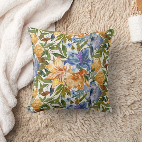 Blue Orange Tiger Lilies Flowers Fall Autumn  Throw Pillow