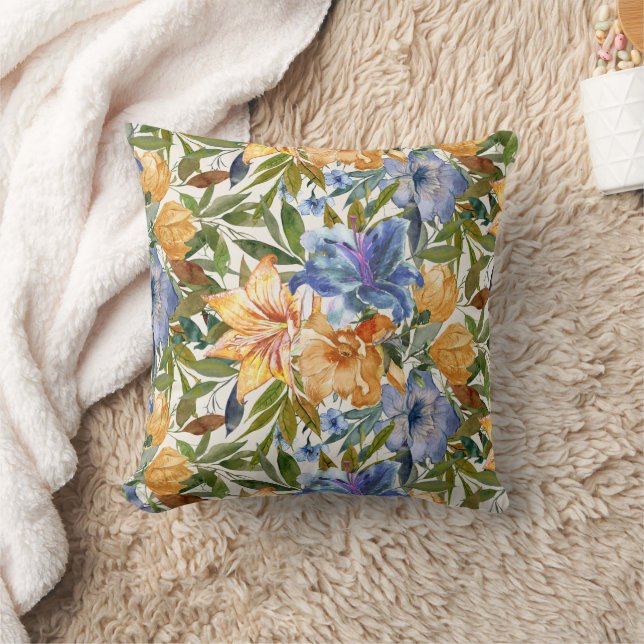 Blue Orange Tiger Lilies Flowers Fall Autumn  Throw Pillow (Blanket)