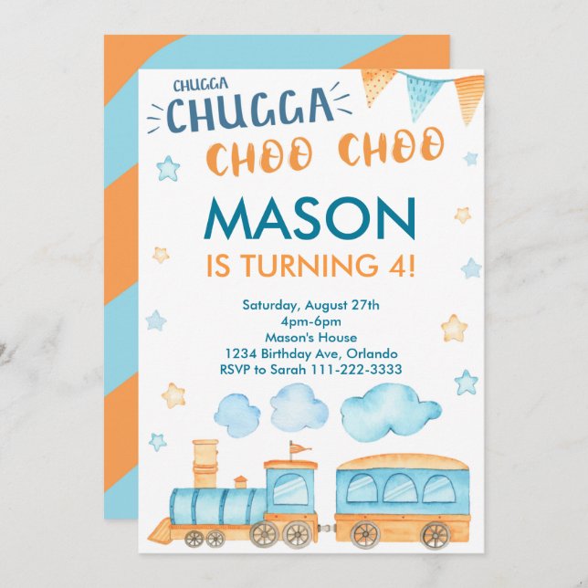 Blue Orange Train Birthday Party Invitation (Front/Back)