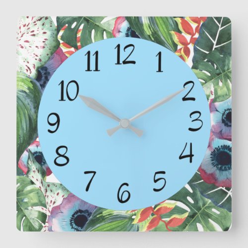 Blue Orange Tropical Floral Green Leaves Square Wall Clock