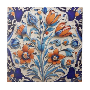 Blue Orange Turkish Floral Poppies & Tulip Flowers Ceramic Tile