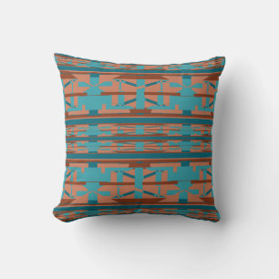 Blue Orange Turquoise Southwest Look Tribal Art Throw Pillow