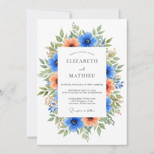 Blue Orange Vibrant Bloom Wedding Invitation