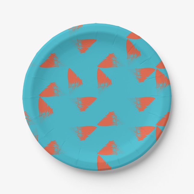 Blue, orange, vibrant, trendy geometric pattern paper plates (Front)