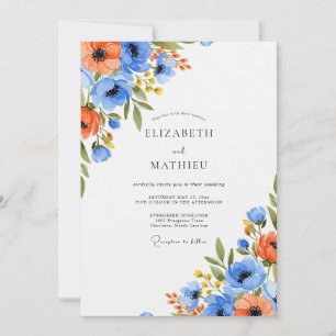Blue Orange Vivid Botanical Wedding Invitation