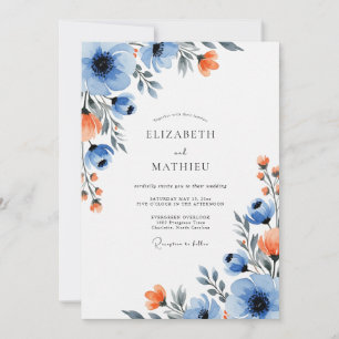 Blue Orange Vivid Floral Wedding Invitation