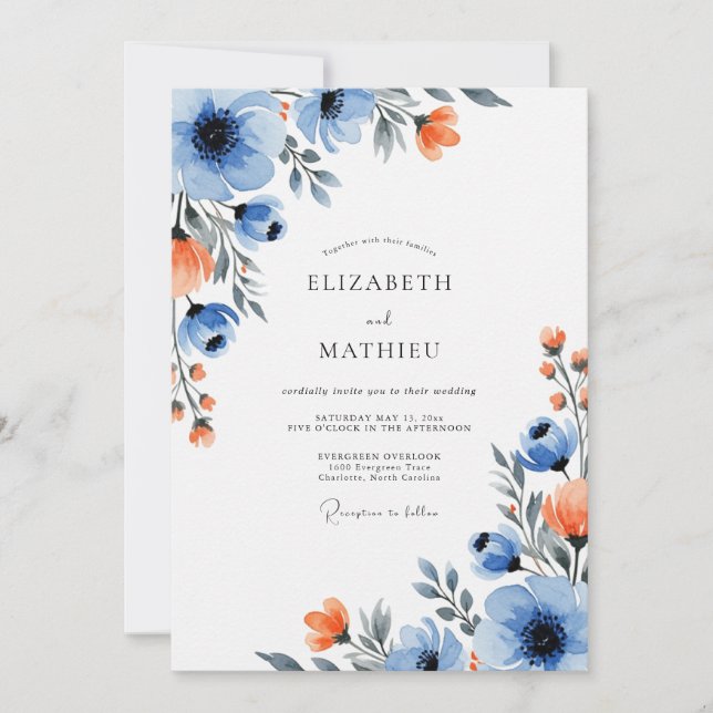 Blue Orange Vivid Floral Wedding Invitation (Front)