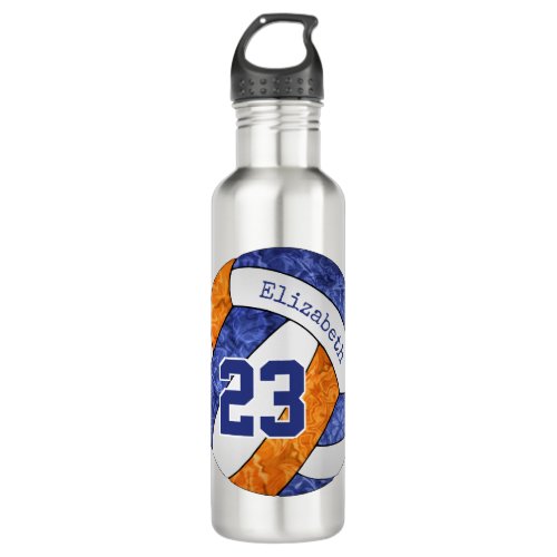 blue orange volleyball her team colors name number stainless steel water bottle