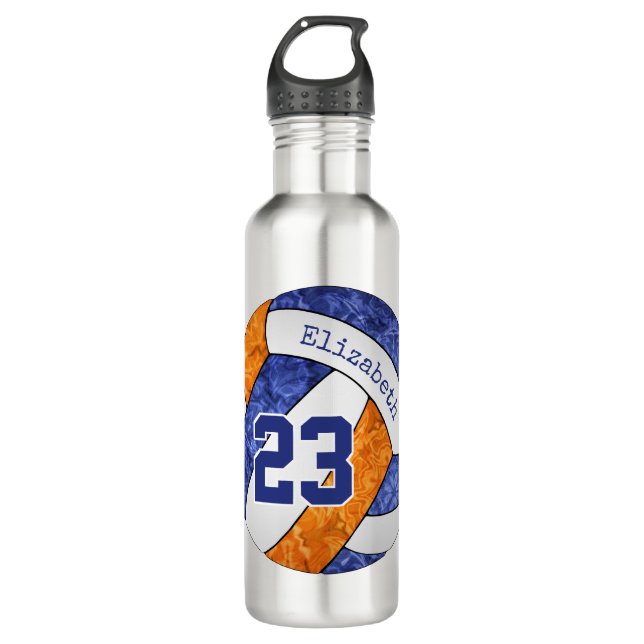 blue orange volleyball her team colors name number stainless steel water bottle (Front)