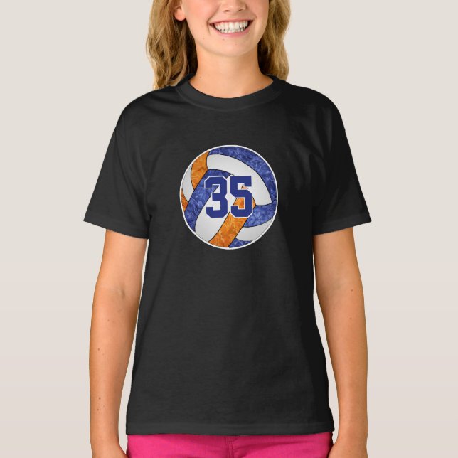 blue orange volleyball team her jersey number T-Shirt (Front)