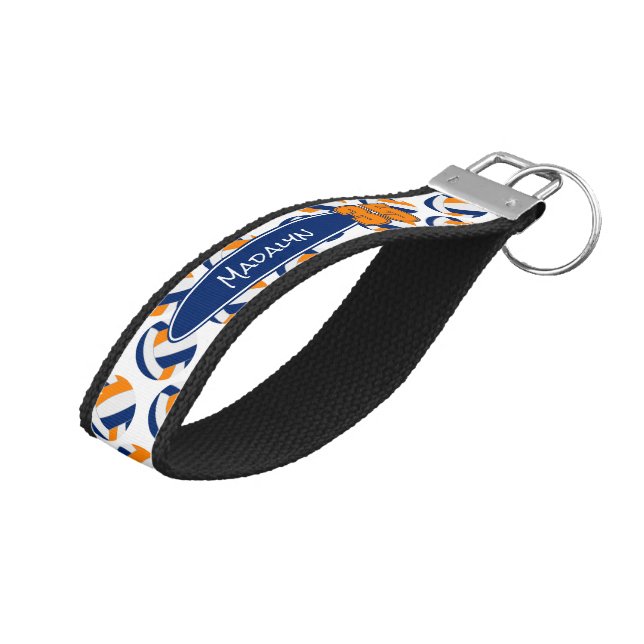 blue orange volleyballs athlete name wrist keychain (Angled Up)
