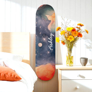Blue Orange Watercolor Sky Galaxy Celestial Skateboard