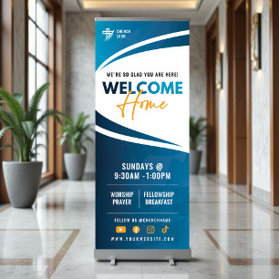 Blue & Orange Welcome Home Church Sunday Service Retractable Banner