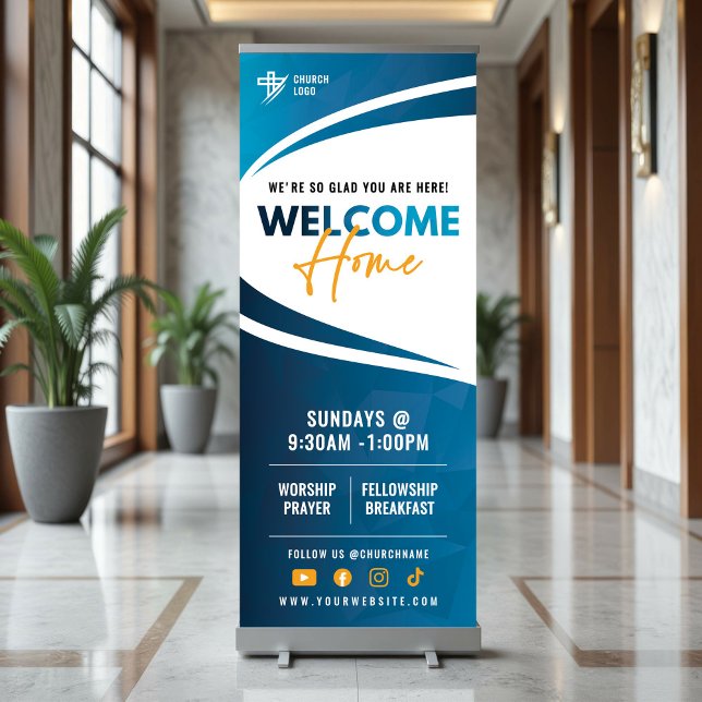 Blue & Orange Welcome Home Church Sunday Service Retractable Banner (Creator Uploaded)