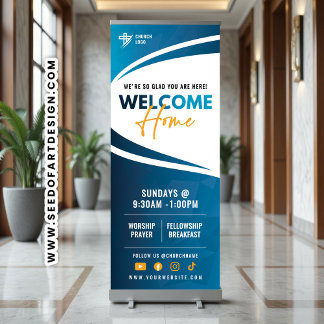 Blue & Orange Welcome Home Church Sunday Service Retractable Banner