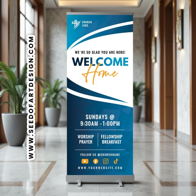 Blue & Orange Welcome Home Church Sunday Service Retractable Banner (Creator Uploaded)